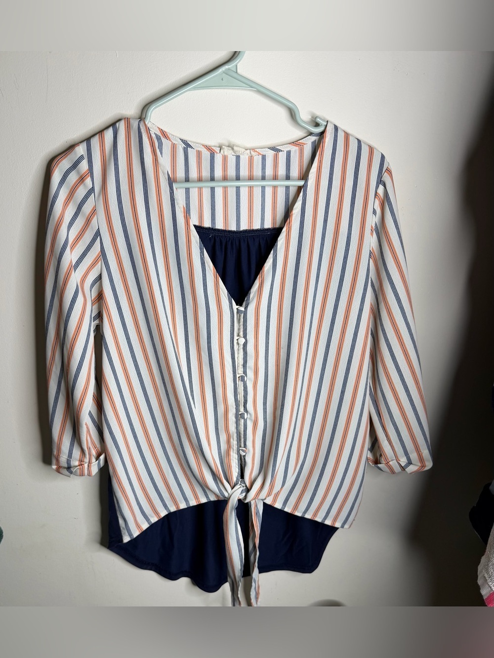 Gilli Striped Tie-Front Blouse in White, Blue, and Orange